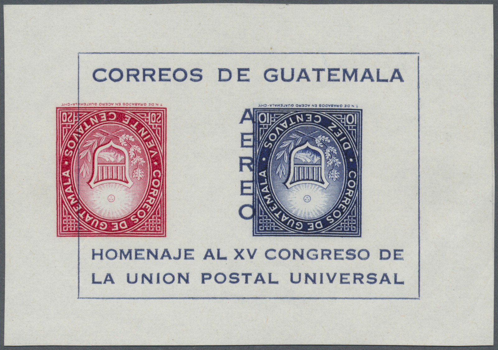 ** Thematik: UPU / United Postal Union: 1964, Guatemala. UPU Congress Vienna Souvenir Sheet With VARIETY: Both Stamps In - U.P.U.