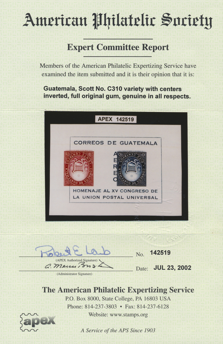 ** Thematik: UPU / United Postal Union: 1964, Guatemala. UPU Congress Vienna Souvenir Sheet With VARIETY: Both Stamps In - U.P.U.