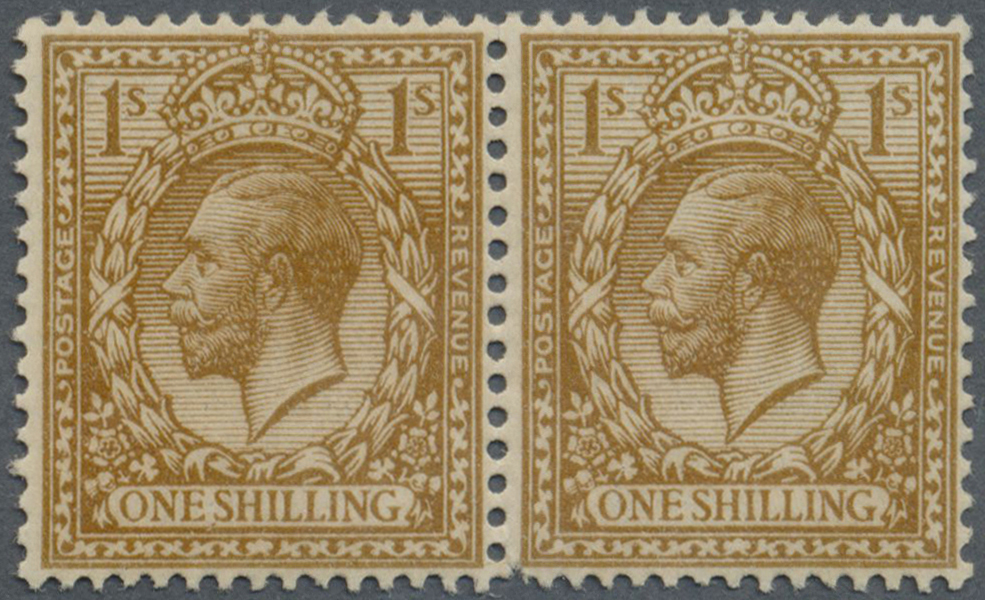 **/* Großbritannien: 1913, 1s. Bistre-brown, VARNISH INK, Horiz. Pair, Left Stamp Hinged, Right Stamp Unmounted Min - Sonstige & Ohne Zuordnung