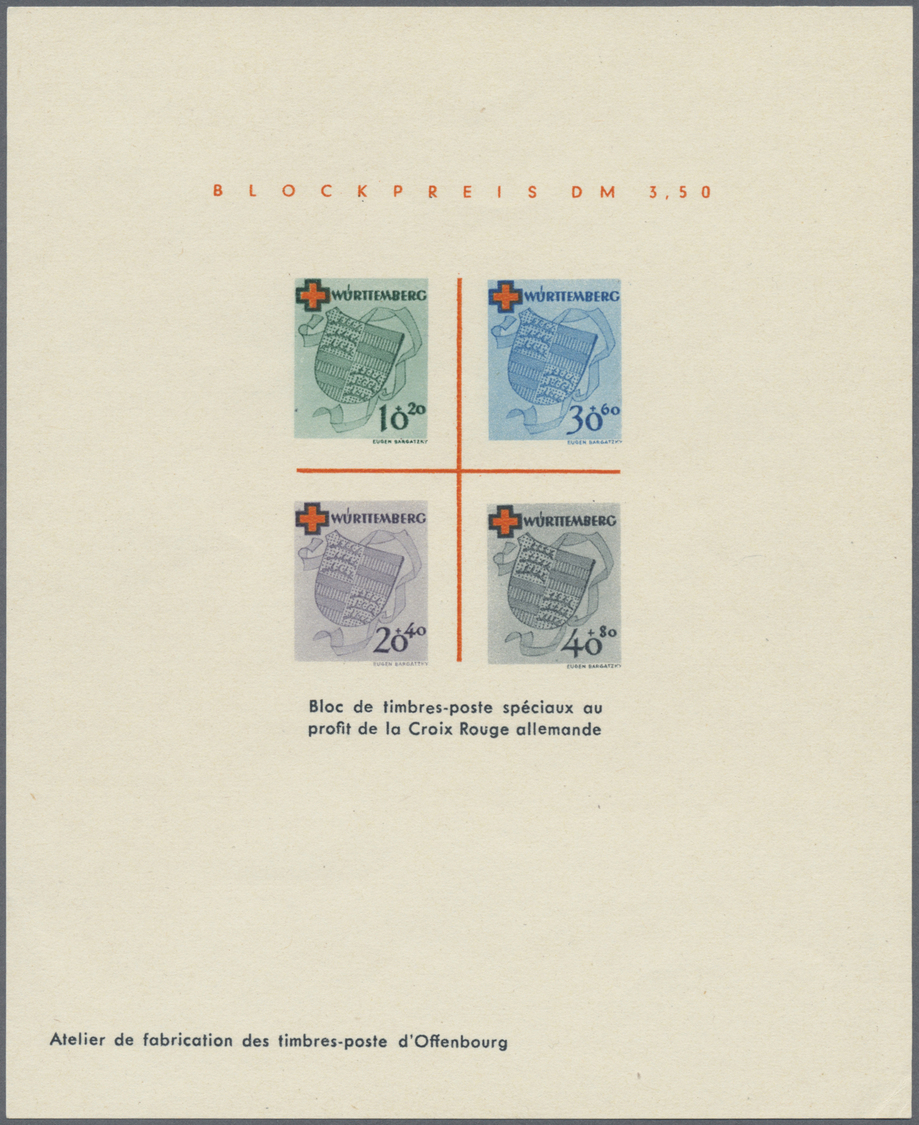 (*) Französische Zone - Württemberg: 1949, Rot Kreuz-Block Als Ministerblock Auf Kartonpapier Mit Druckv - Autres & Non Classés