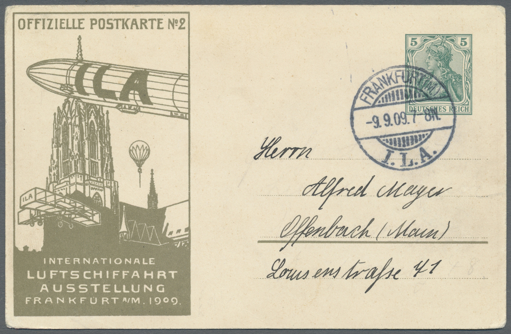 GA Thematik: Zeppelin / Zeppelin: 1909, Dt. Reich. Set Mit Beiden Privat-Postkarten 5 Pf Germania "I.L.A." Je Vs. Links  - Zeppelins