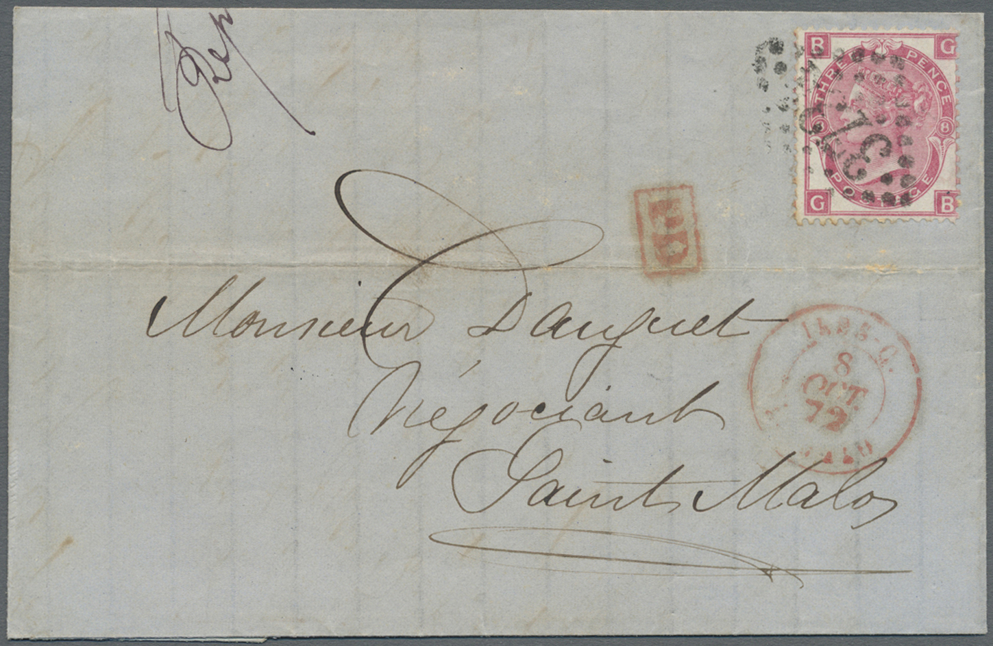 Br Großbritannien - Guernsey: 1872, Shipletter From Guernsey Franked With 2 1/2 D QV (Plate 8), 1877 Isue, Cancel - Guernesey