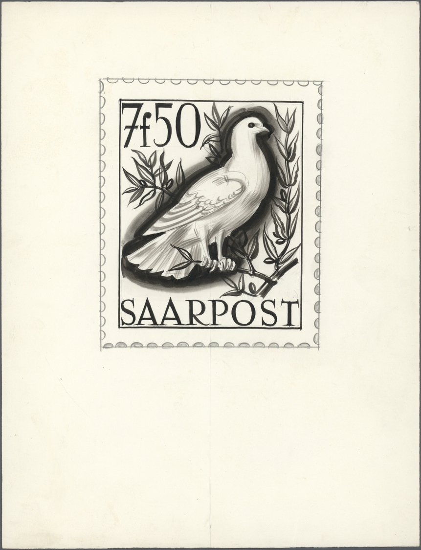 (*) Saarland (1947/56): 1947, Freimarken Wiederaufbau Des Saarlandes, S/w-Entwurfszeichnung Im Folioform - Ongebruikt