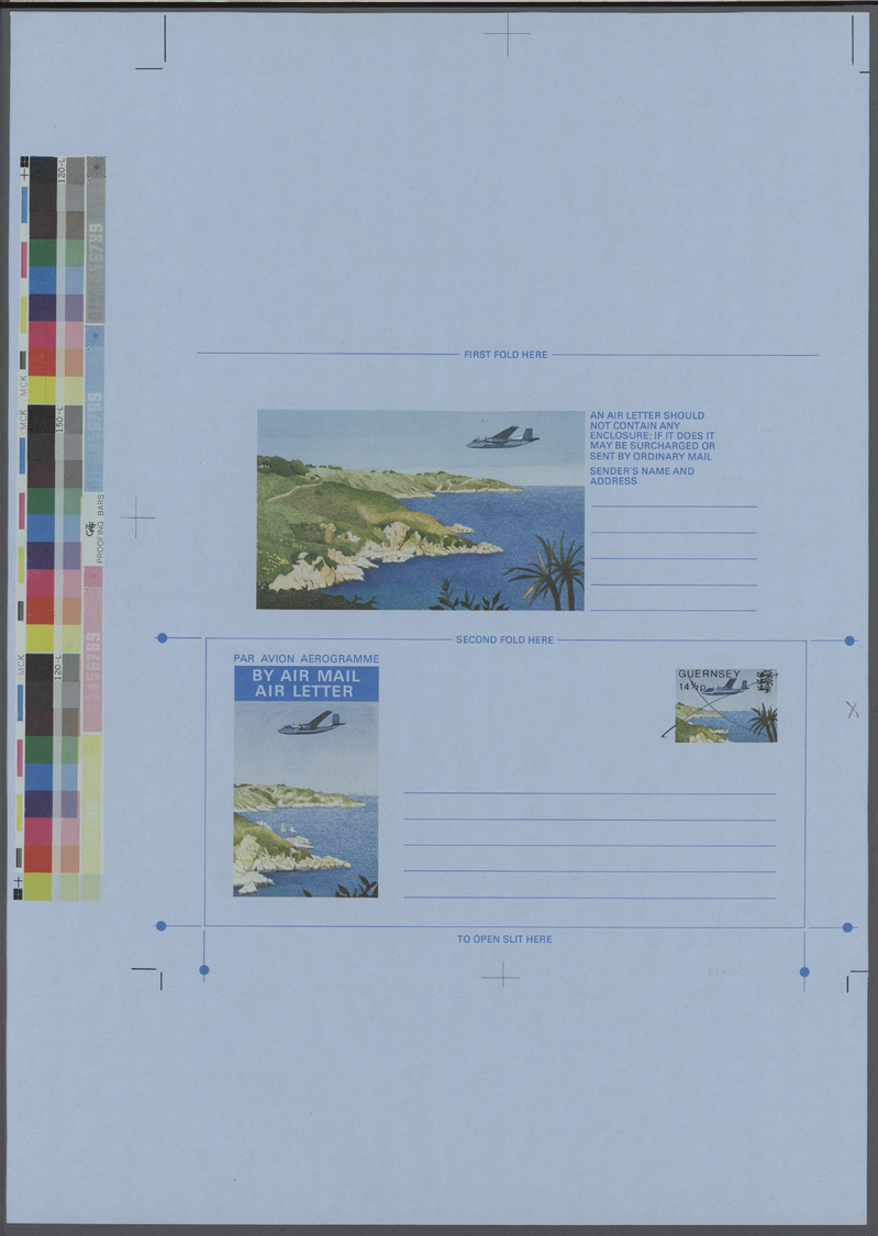 GA Großbritannien - Guernsey: 1980, A Series Of Uncut Printers Progressive Proofs Of The 14½p Aircraft Over Bay A - Guernsey