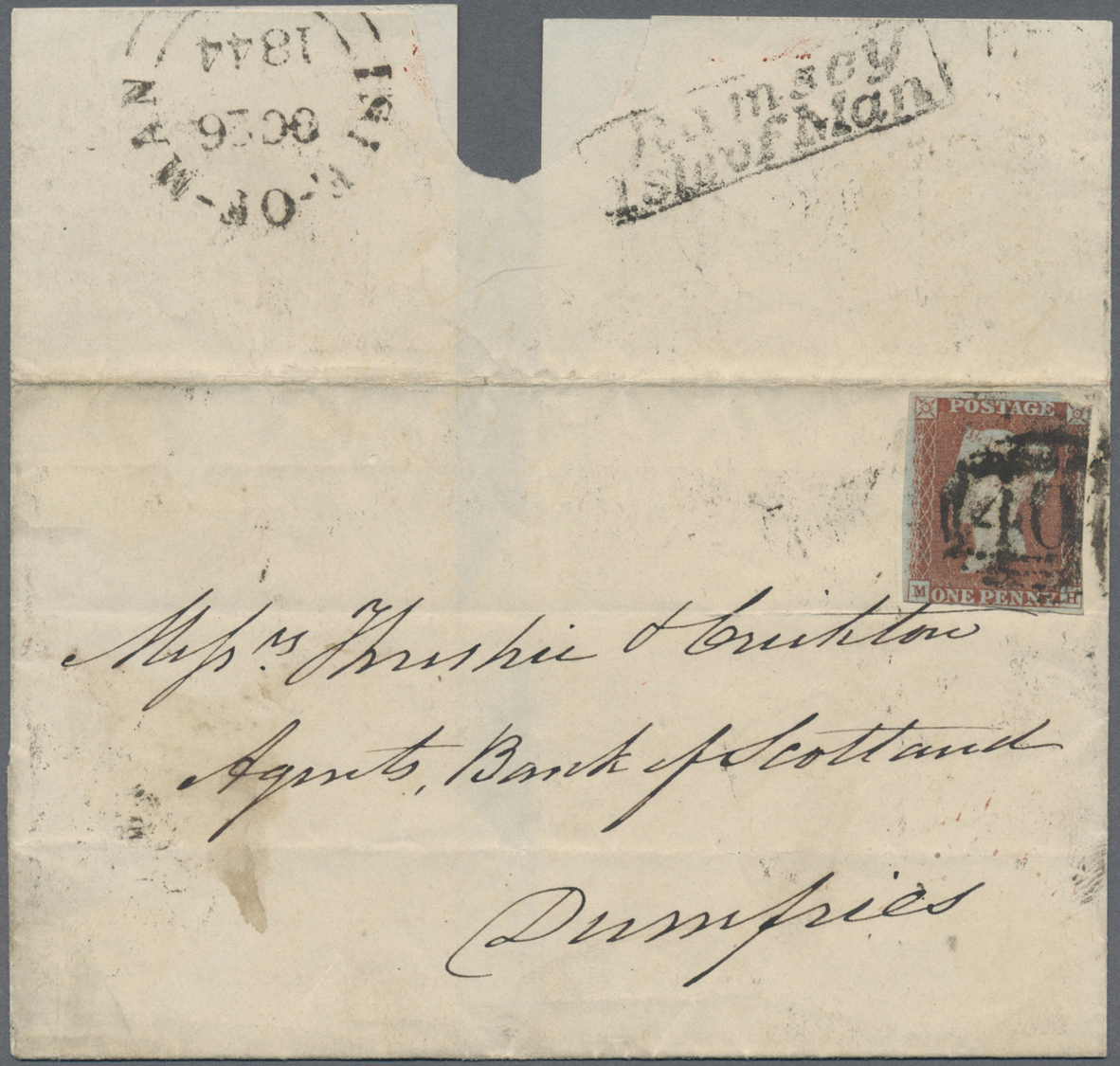 Br Großbritannien - Isle Of Man: 1844. Envelope Addressed To Dumfries Bearing Great Britain SG 8, 1d Brown Tied B - Isle Of Man