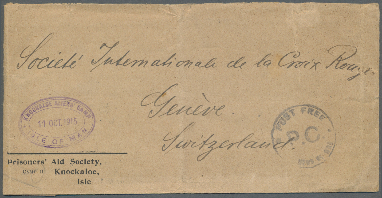 Br Großbritannien - Isle Of Man: 1915. Stampless Envelope Imprinted ‘Prisoner’s Aid Society, Camp 111, Knockaloe, - Isle Of Man