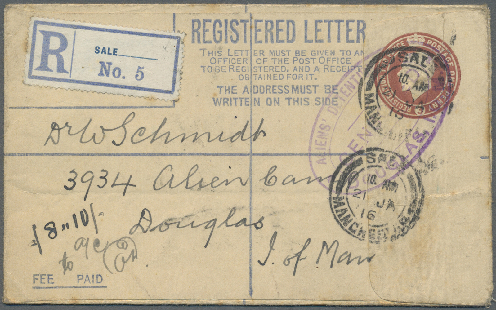 GA Großbritannien - Isle Of Man: 1916 (21.1.), British Registered Letter KGV 3d. Brown Commercially Used From Sal - Isle Of Man