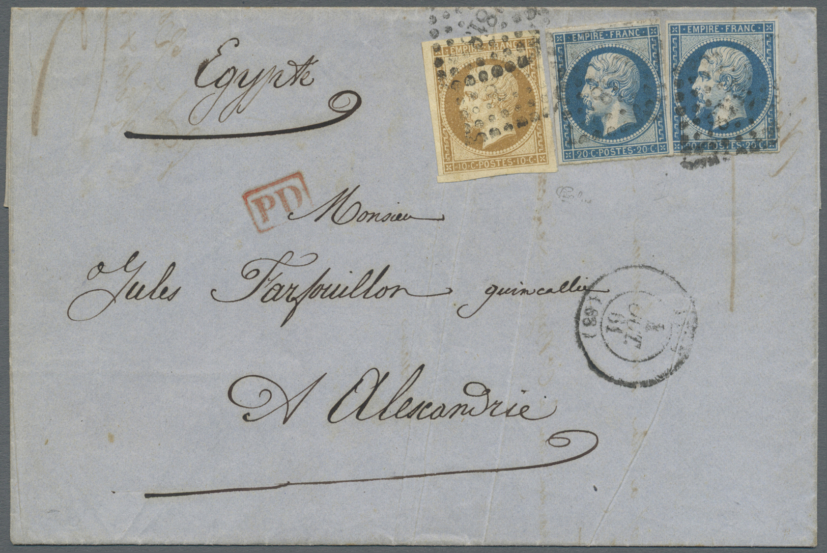 Br Ägypten: 1861, Alexandria, Incoming Mail From Lyon/France, Empire Nd 10c. Bistre And Two Copies 20c. Blue, 50c. Rate  - 1915-1921 British Protectorate