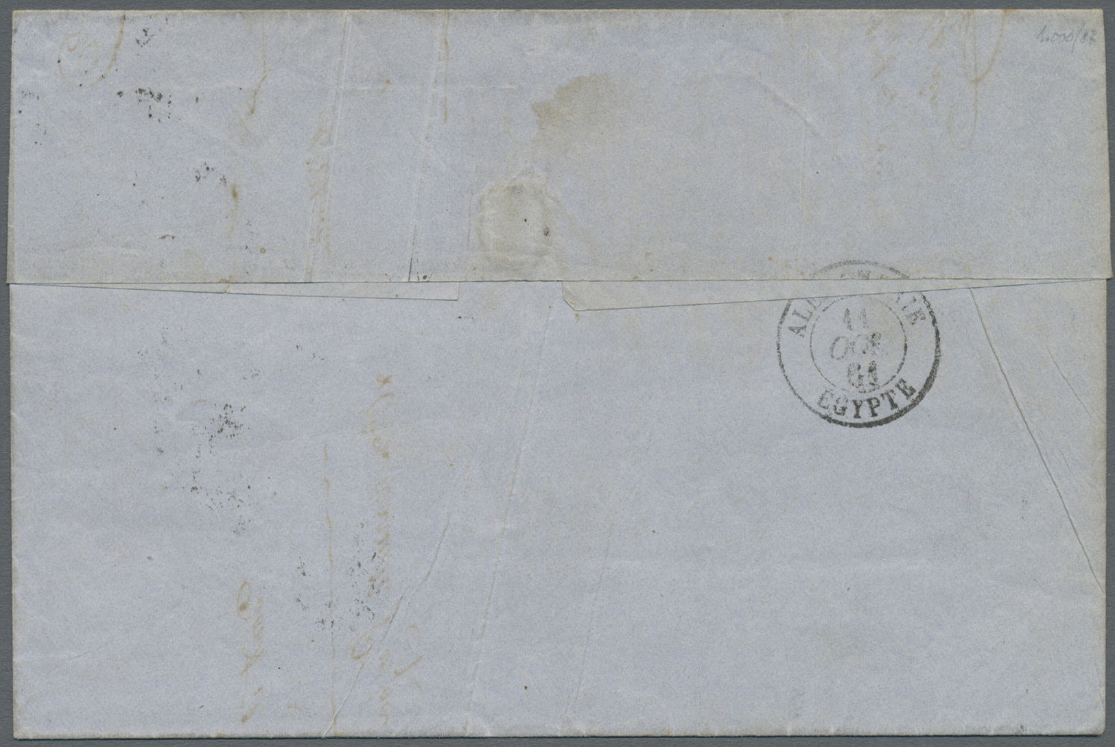 Br Ägypten: 1861, Alexandria, Incoming Mail From Lyon/France, Empire Nd 10c. Bistre And Two Copies 20c. Blue, 50c. Rate  - 1915-1921 British Protectorate