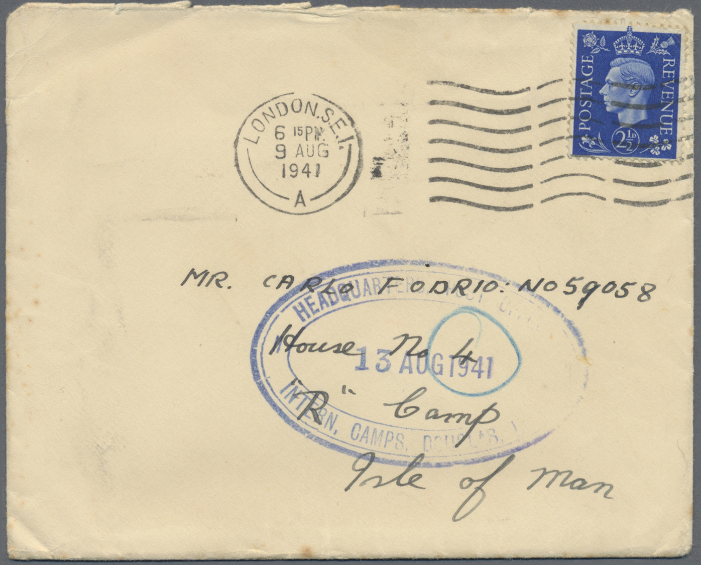 Br Großbritannien - Isle Of Man: 1941. Envelope Written From London Addressed To An Italian Internee ‘House No 4, - Isle Of Man