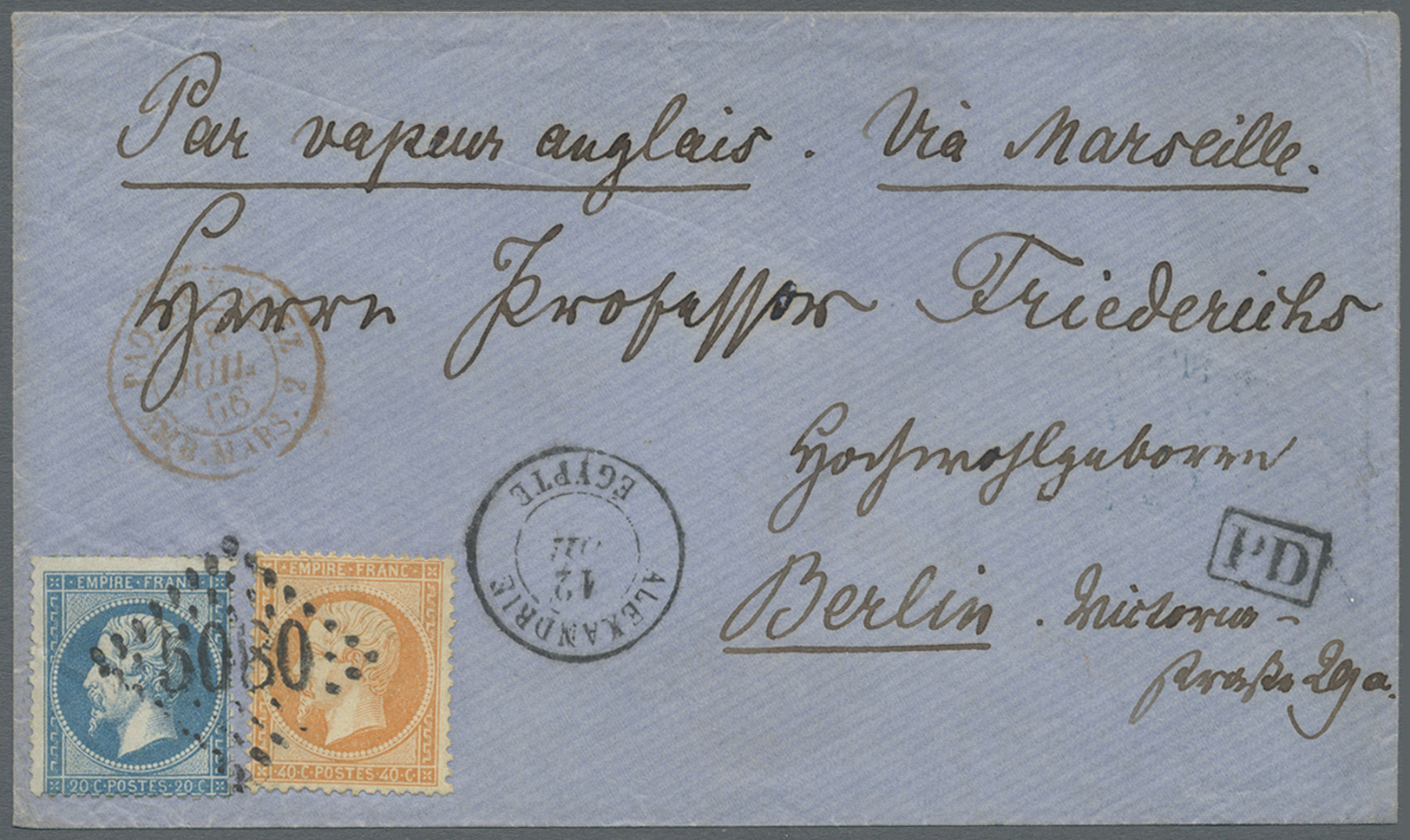 Br Ägypten: 1866, French P.O. Alexandria, 20c. Blue And 40c. Orange, 60c. Rate On Cover From Alexandria To Berlin/German - 1915-1921 British Protectorate