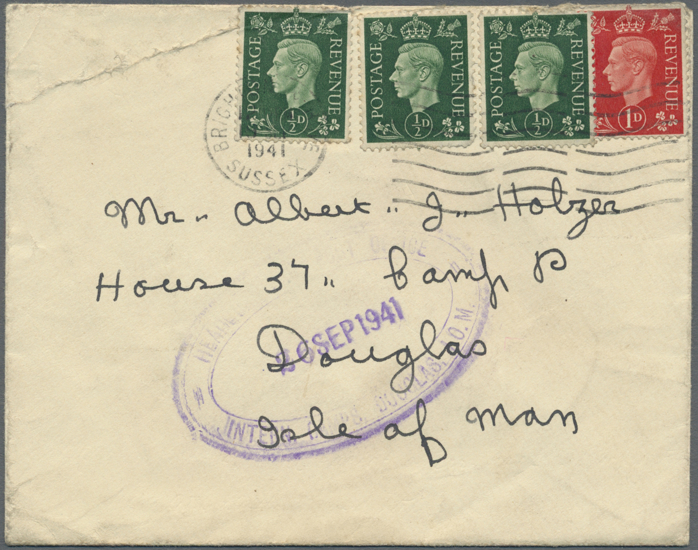 Br Großbritannien - Isle Of Man: 1941. Envelope (roughly Opend) Written From Sussex Addressed To ‘House 37, Camp - Man (Ile De)