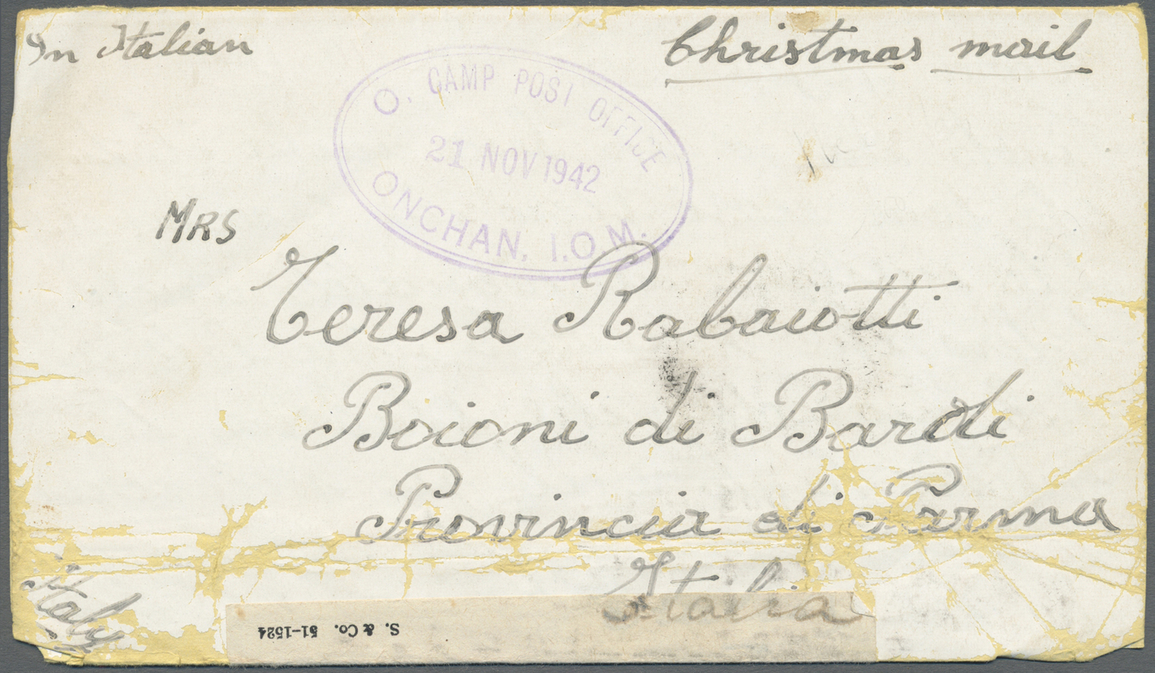 Br Großbritannien - Isle Of Man: 1942. Censored Envelope (faults) Written By Italian P.O.W. In ‘House 51, “O” Lnt - Isle Of Man