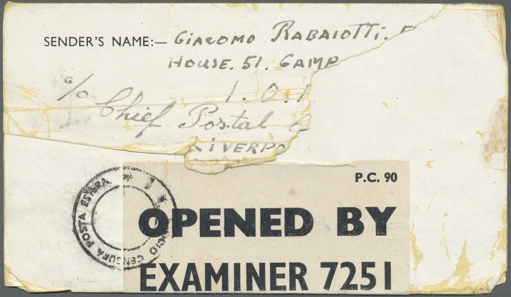 Br Großbritannien - Isle Of Man: 1942. Censored Envelope (faults) Written By Italian P.O.W. In ‘House 51, “O” Lnt - Isle Of Man