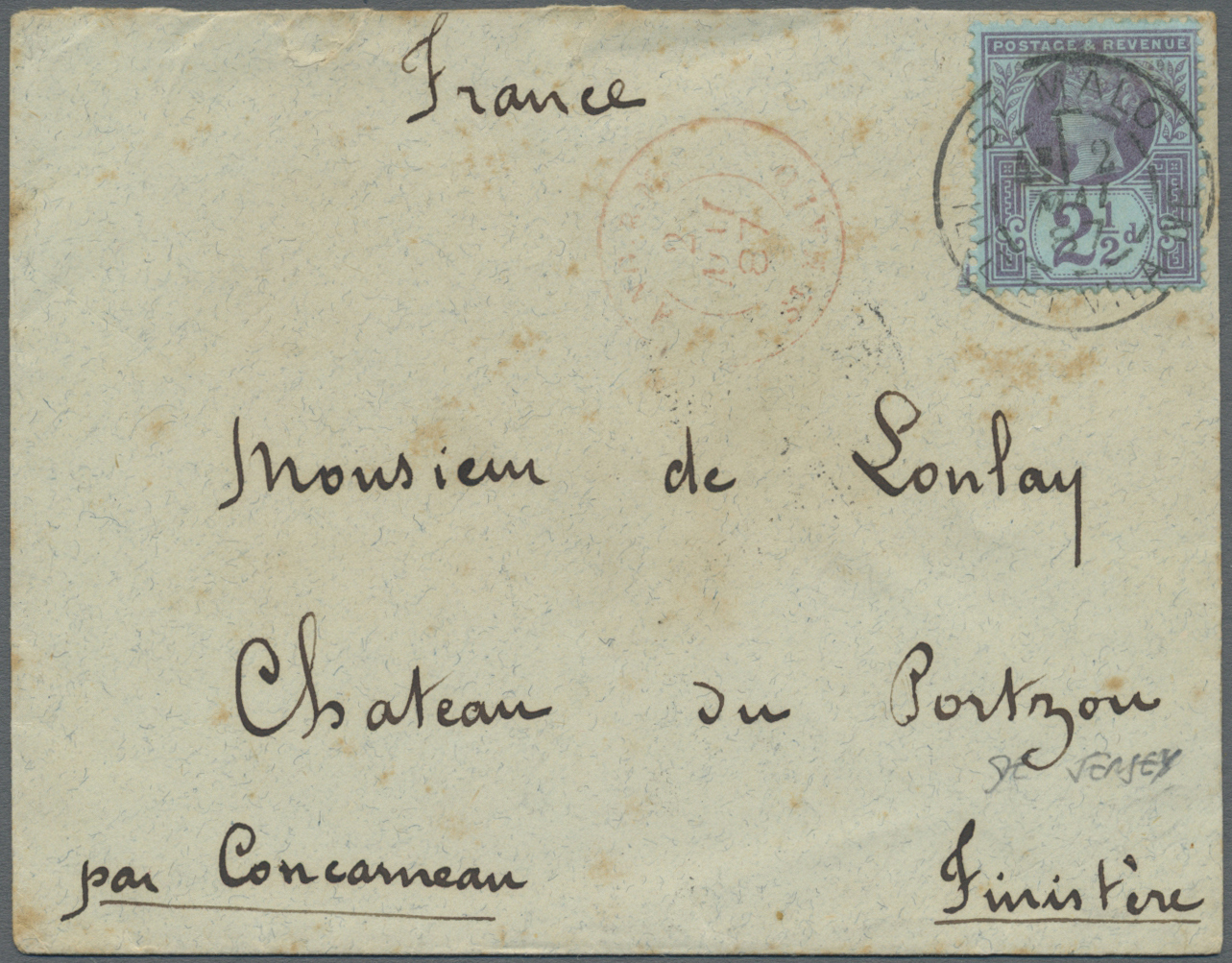 Br Großbritannien - Jersey: 1887. Envelope (fox Spots) To France Bearing Great Britain Jubilee SG 201, 2½d Purple - Jersey