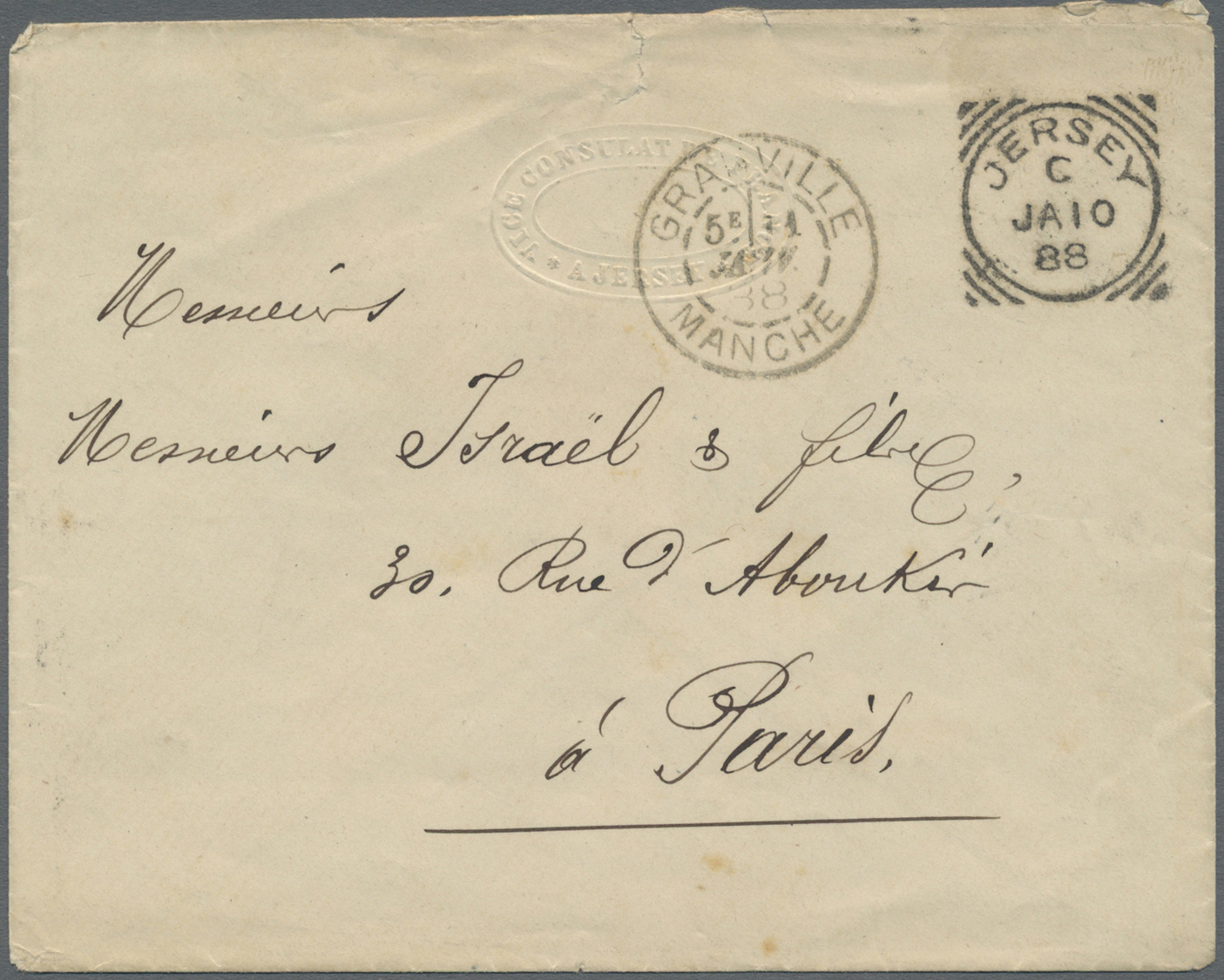 Br Großbritannien - Jersey: 1888. Stampless Envelope (tears) Embossed 'Vice Consulate De France/a Jersey' With Ci - Jersey