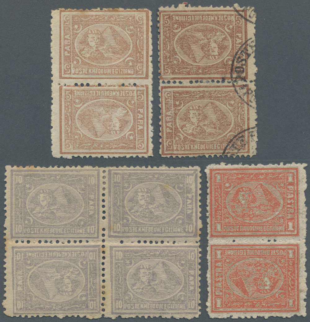 */O Ägypten: 1872-75: Four TÊTE-BÊCHE Pairs, With Two Vertical Pairs 5pa. Brown, One Mint Lightly Hinged, Stained, The O - 1915-1921 British Protectorate