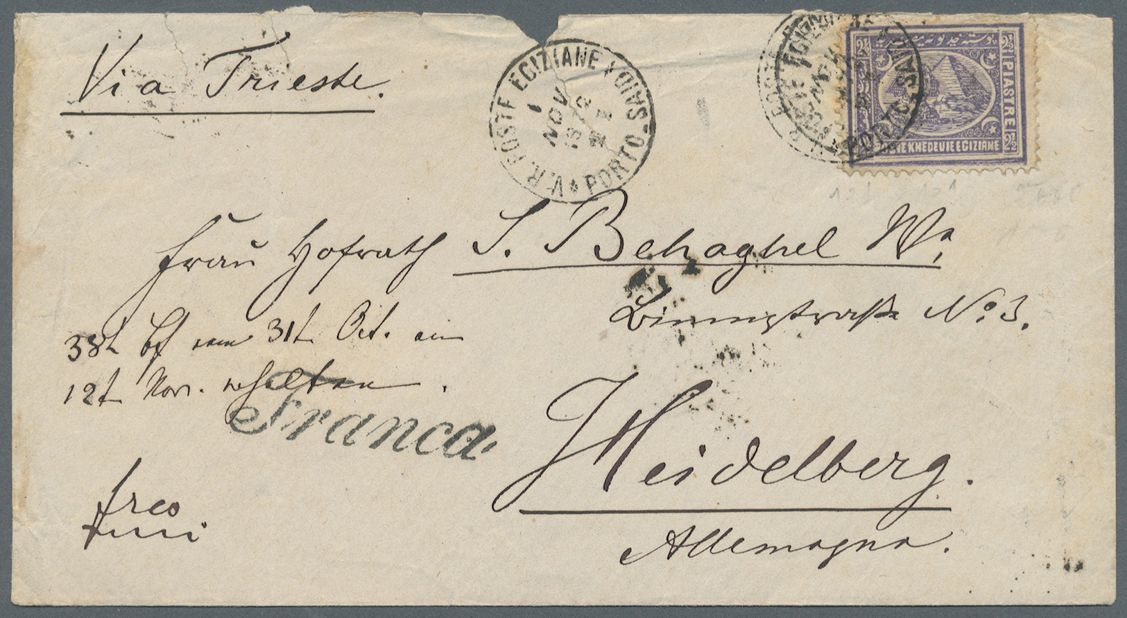 Br Ägypten: 1873. Envelope (faults) Addressed To Germany Bearing SG 33, 2 ½pi Violet Tied By Poste Egiziane/Porto Said D - 1915-1921 British Protectorate