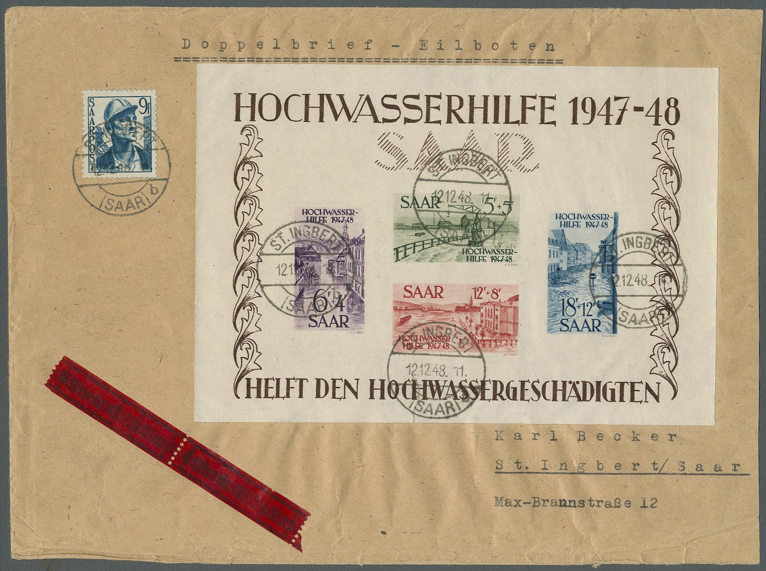 Br Saarland (1947/56): 1948, Block "Hochwasserhilfe", Blocktype I Auf Eilboten-Ortsbrief Mit Zusatzfran - Nuovi