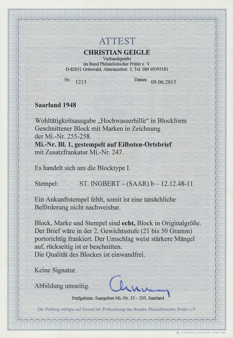 Br Saarland (1947/56): 1948, Block "Hochwasserhilfe", Blocktype I Auf Eilboten-Ortsbrief Mit Zusatzfran - Nuovi