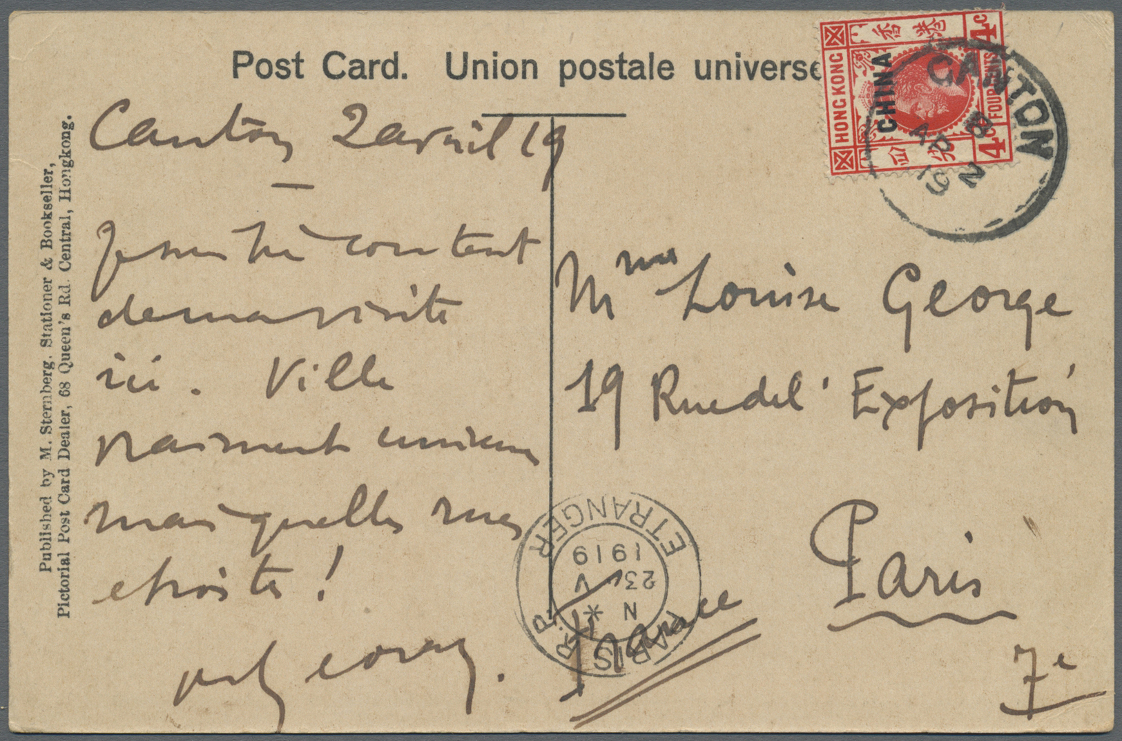 Britische Post In China: 1919, KGV 4 C. Tied "CANTON B AP 2 19" To Ppc "Chinese Temple, Canton" To Paris/Franc - Autres & Non Classés