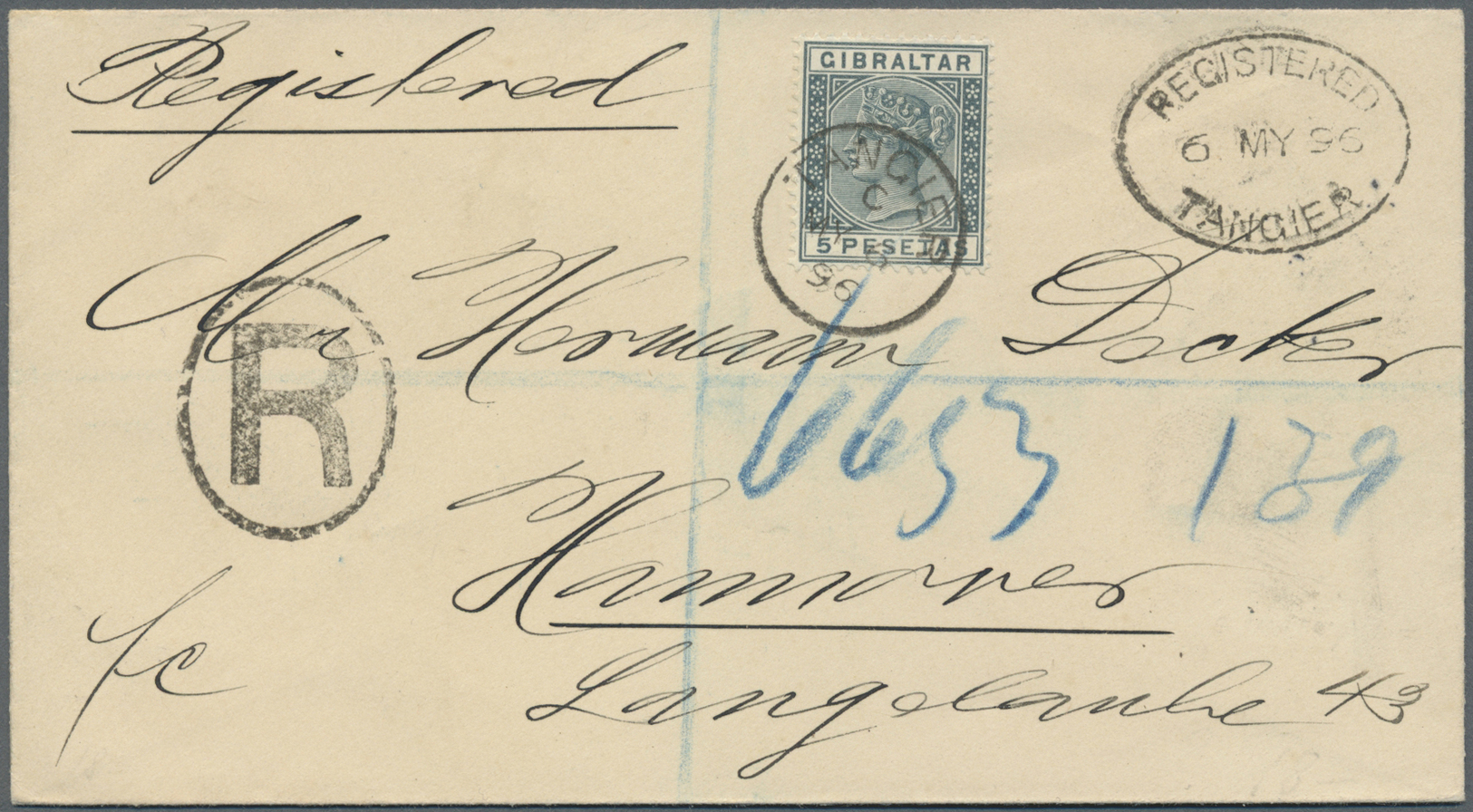 Br Britische Post In Marokko: 1896, 5 Pesetas Slate GIBRALTAR Issue Single Franking On Registered Cover From TANG - Autres & Non Classés