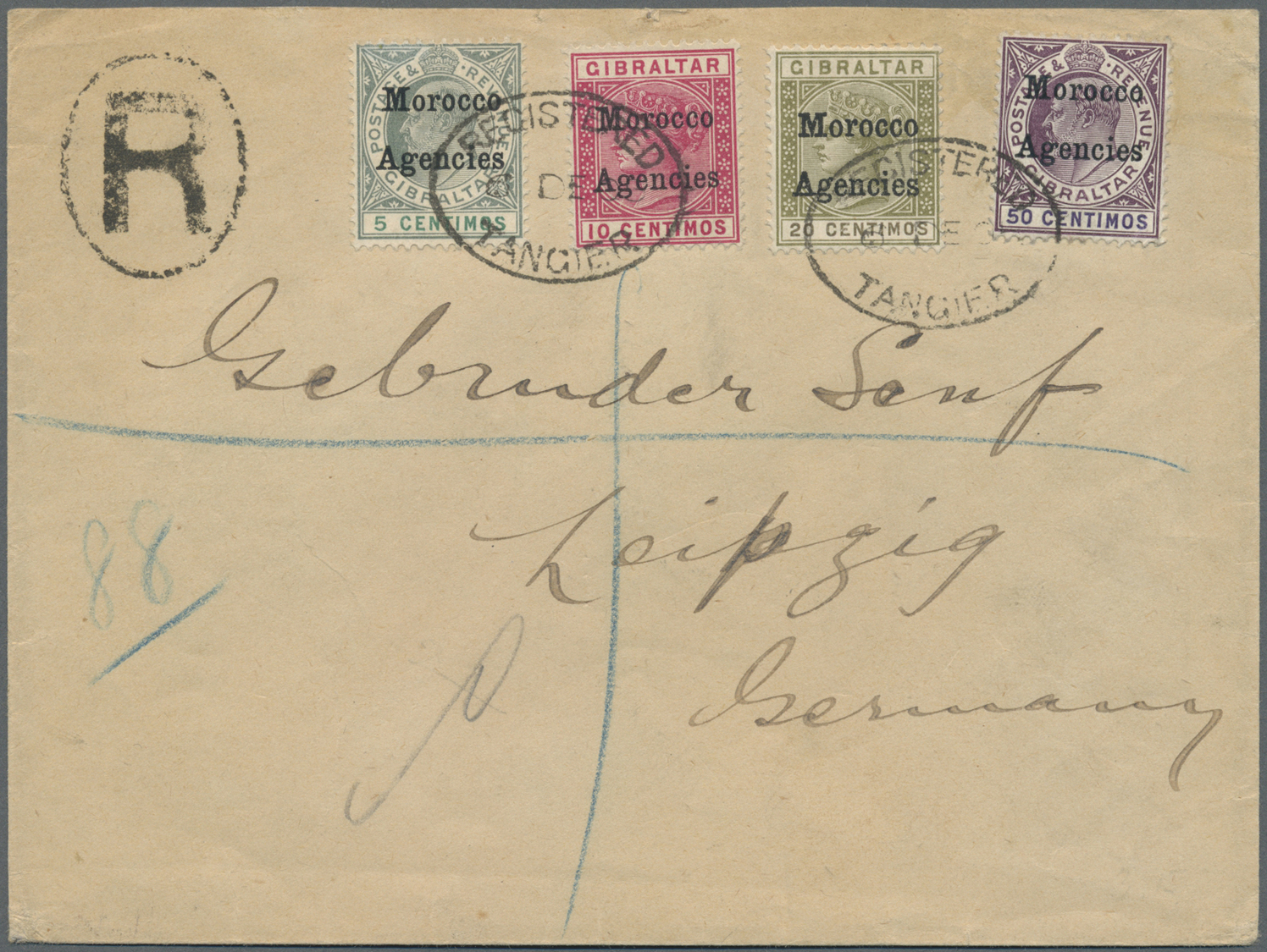 Br Britische Post In Marokko: 1906, Registered Letter With 10 And 20 Cent. QV And 5 Nad 50 Centimos Edward VII Fr - Autres & Non Classés