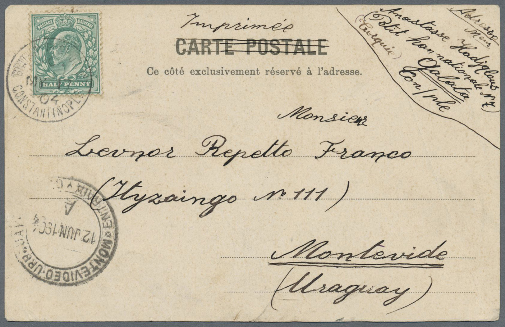 Britische Post In Der Türkei: 1904, Seltene AK "FANARAKI" Aus Constantinopel, Mit Seltener Destination Montevi - Other & Unclassified