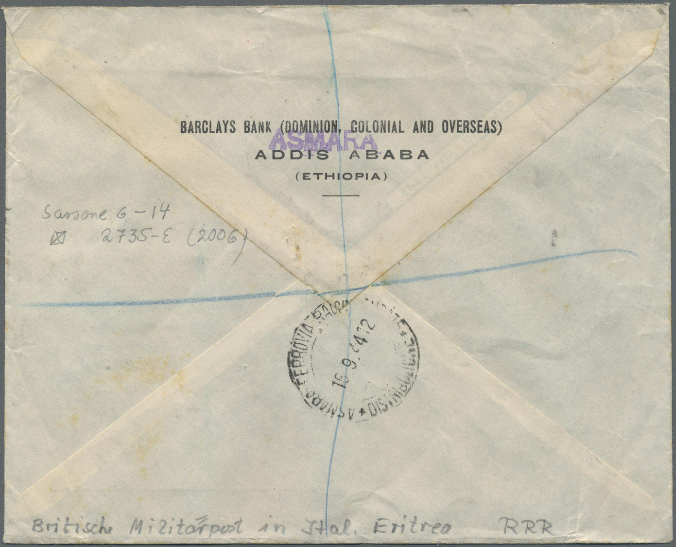 Br Britische Militärpost II. WK: 1943, "M.E.F." KGVI 5 P. - 2Sh6P On Registred Airmail Bank-envleope (some Stains - Other & Unclassified