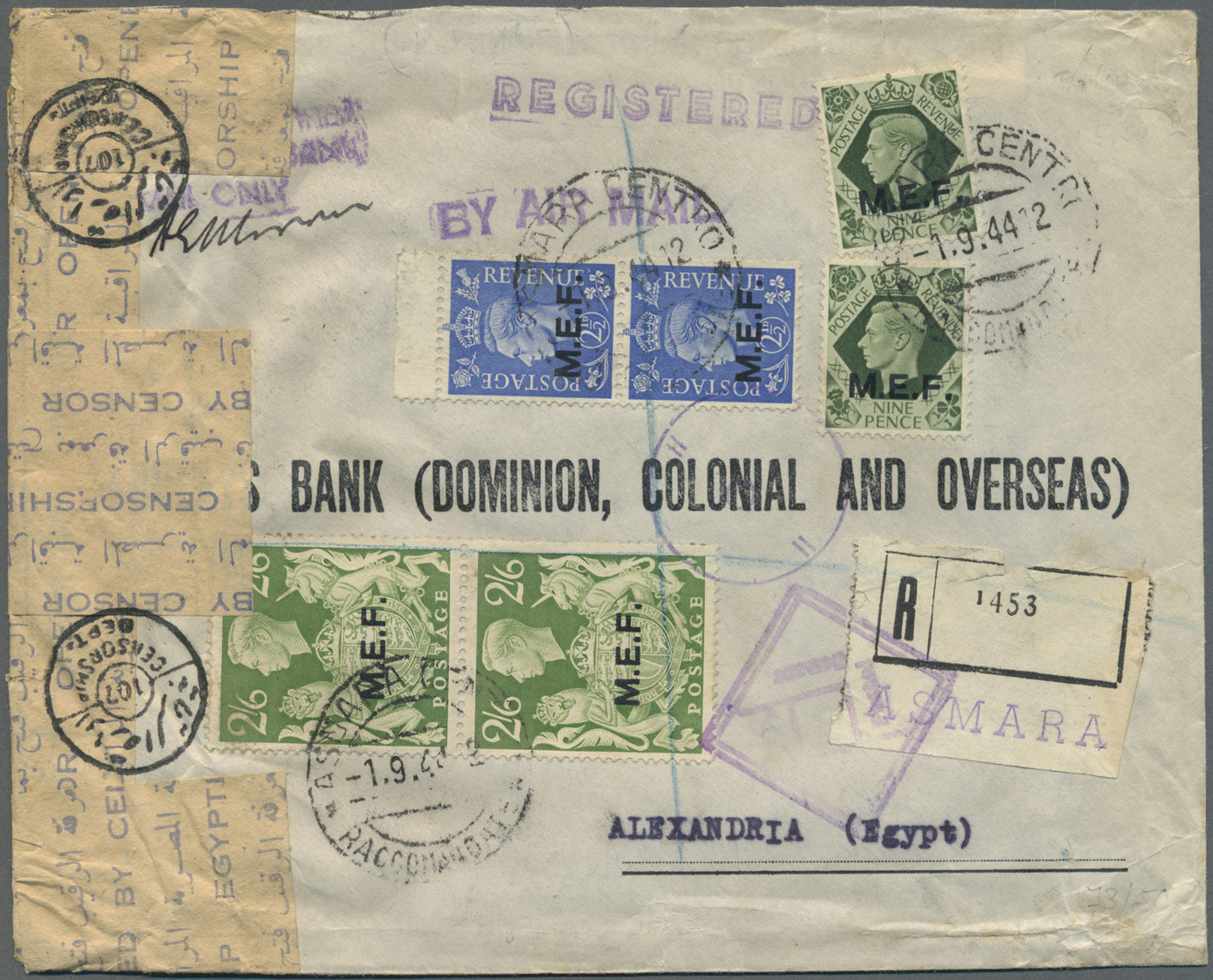 Br Britische Militärpost II. WK: 1943, "M.E.F." 2x 2Sh6P, 2x 9 P And 2x 2½ P On Registered Airmail Bank-envelope - Autres & Non Classés