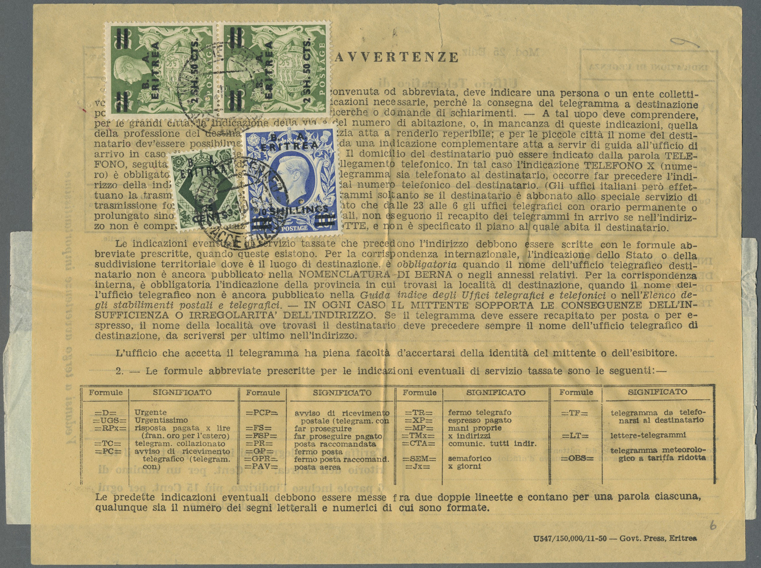 Br Britische Militärpost II. WK: 1948, "B. A. ERITREA" KGVI 10 Sh., 2x 2Sh50C And 75 C On Franked Telegram Sent F - Autres & Non Classés