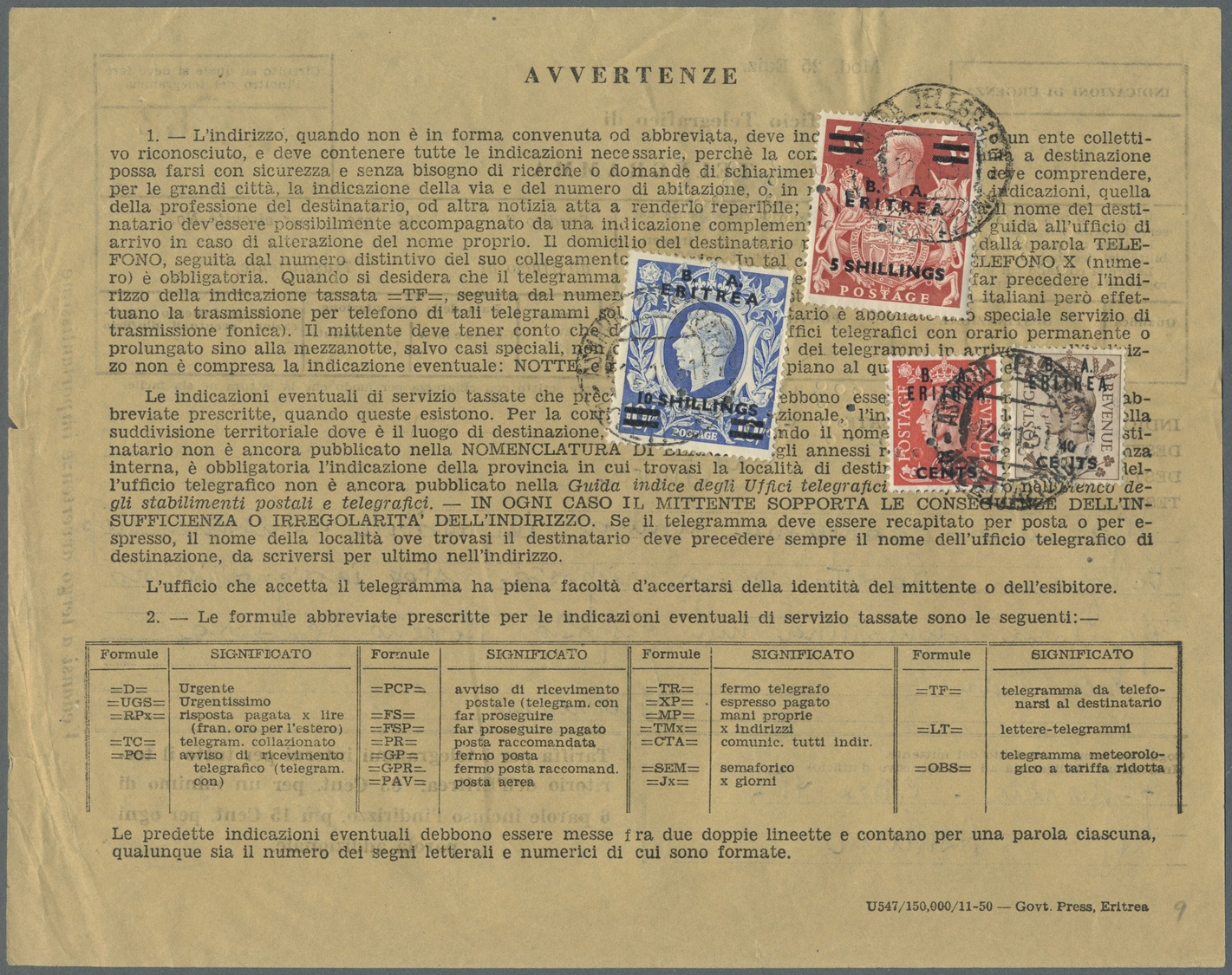 Br Britische Militärpost II. WK: 1948, "B. A. ERITREA" KGVI 10 Sh., 5 Sh., 40 C And 25 C On Franked Telegram Sent - Autres & Non Classés