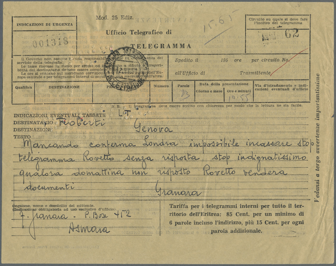 Br Britische Militärpost II. WK: 1948, "B. A. ERITREA" KGVI 10 Sh., 5 Sh., 40 C And 25 C On Franked Telegram Sent - Other & Unclassified