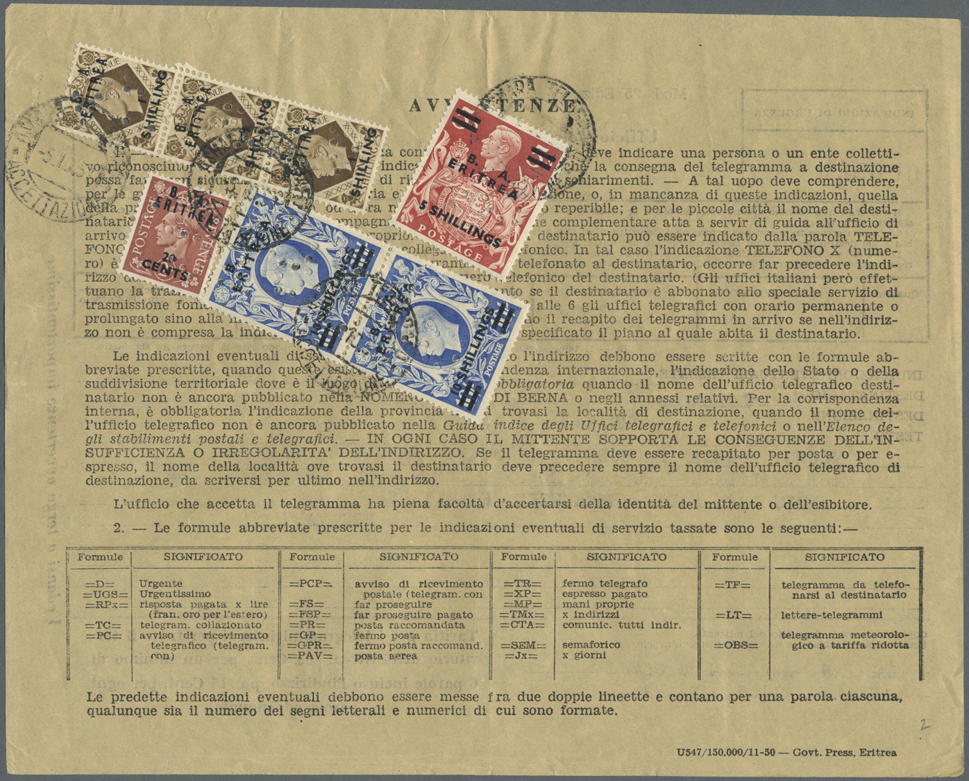 Br Britische Militärpost II. WK: 1948, "B. A. ERITREA" KGVI 2x 10 Sh., 5 Sh., 3x 1 Sh. And 20 C On Franked Telegr - Autres & Non Classés