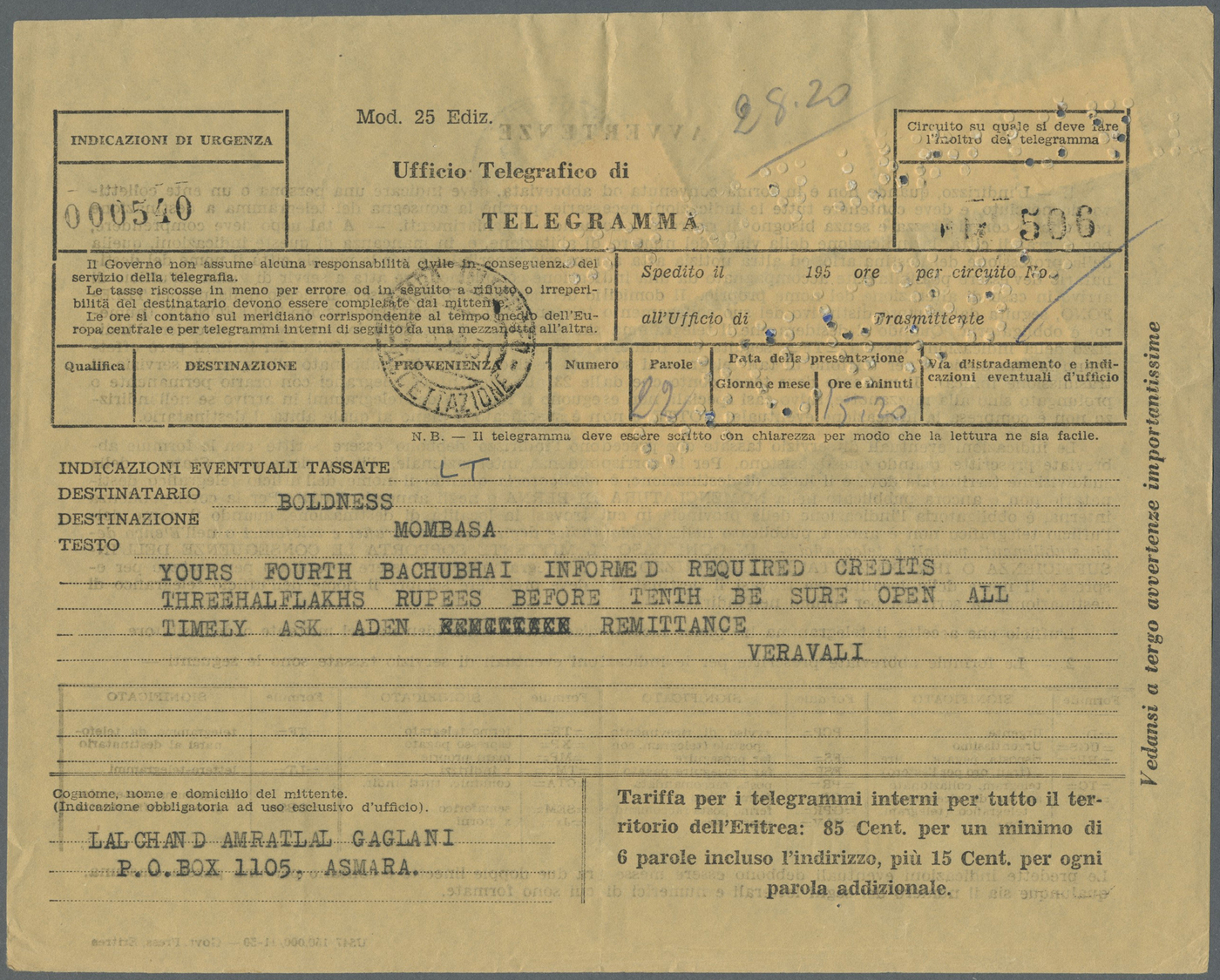 Br Britische Militärpost II. WK: 1948, "B. A. ERITREA" KGVI 2x 10 Sh., 5 Sh., 3x 1 Sh. And 20 C On Franked Telegr - Autres & Non Classés