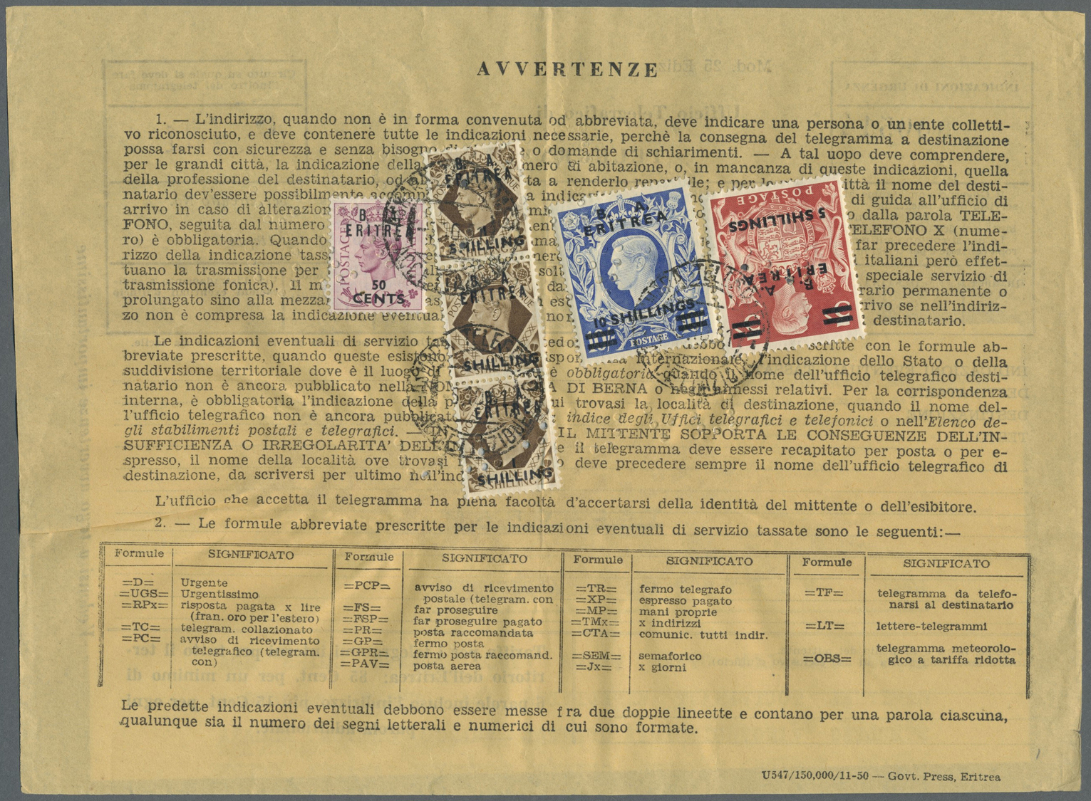 Br Britische Militärpost II. WK: 1948, "B. A. ERITREA" KGVI 10 Sh., 5 Sh., 3x 1 Sh. And 20 C On Franked Telegram - Autres & Non Classés