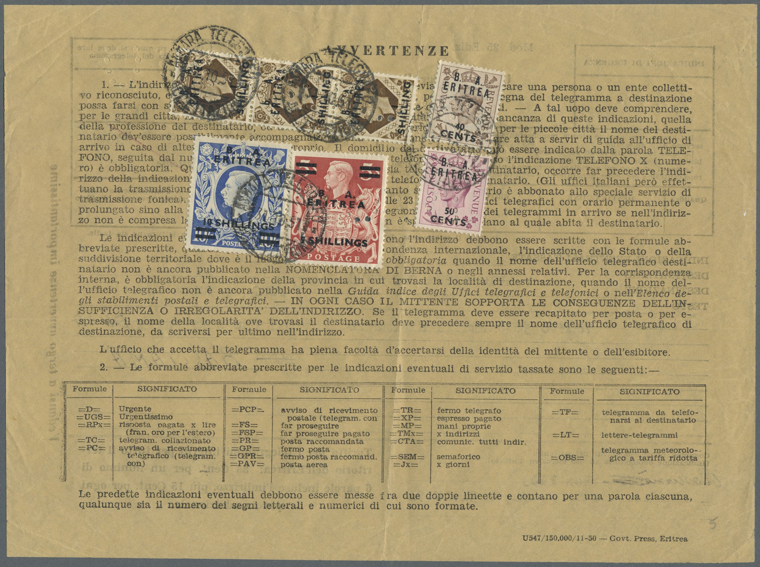 Br Britische Militärpost II. WK: "B. A. ERITREA" KGVI 10 Sh., 5 Sh., 3x 1 Sh., 50 C And 40 C On Franked Telegram - Other & Unclassified