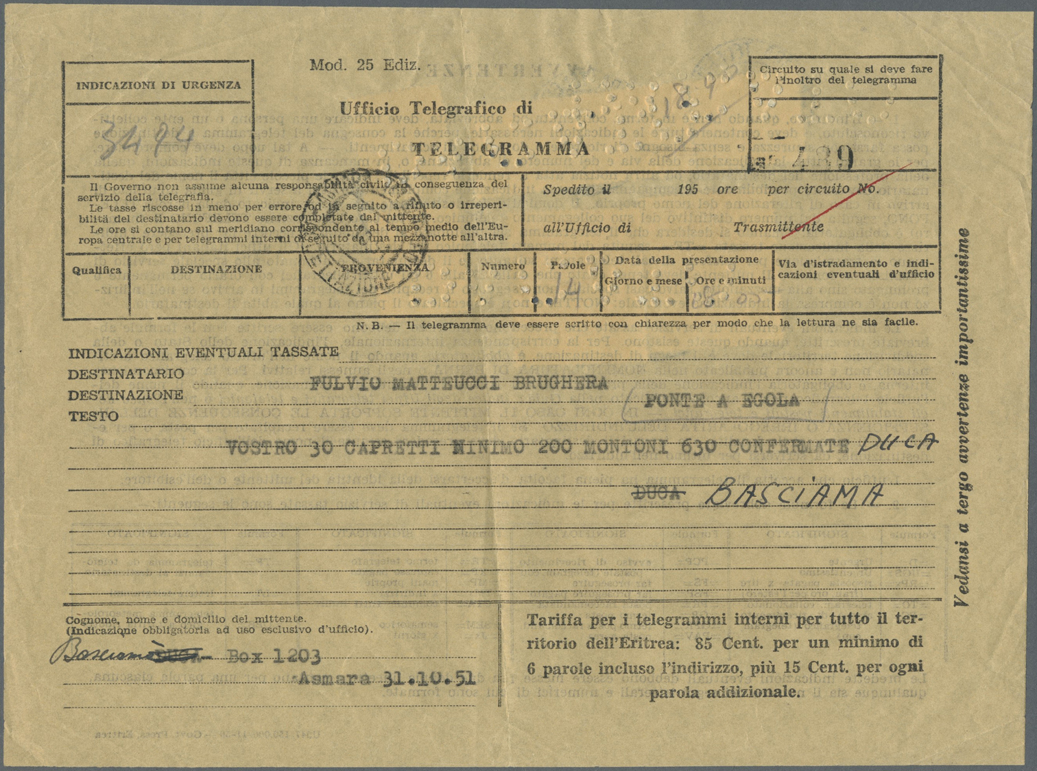 Br Britische Militärpost II. WK: "B. A. ERITREA" KGVI 10 Sh., 5 Sh., 3x 1 Sh., 50 C And 40 C On Franked Telegram - Other & Unclassified