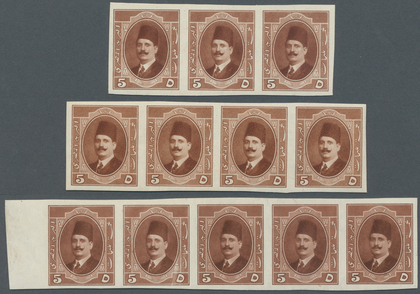 ** Ägypten: 1923 Kíng Fouad 5m. Red-brown, 12 Imperforated Proofs On Gummed Watermarked Paper As Horizontal Strips Of Th - 1915-1921 British Protectorate