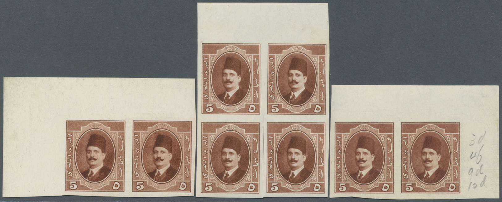 ** Ägypten: 1923 Kíng Fouad 5m. Red-brown, Eight Imperforated Proofs On Gummed Watermarked Paper, As Top Left Corner Pai - 1915-1921 British Protectorate