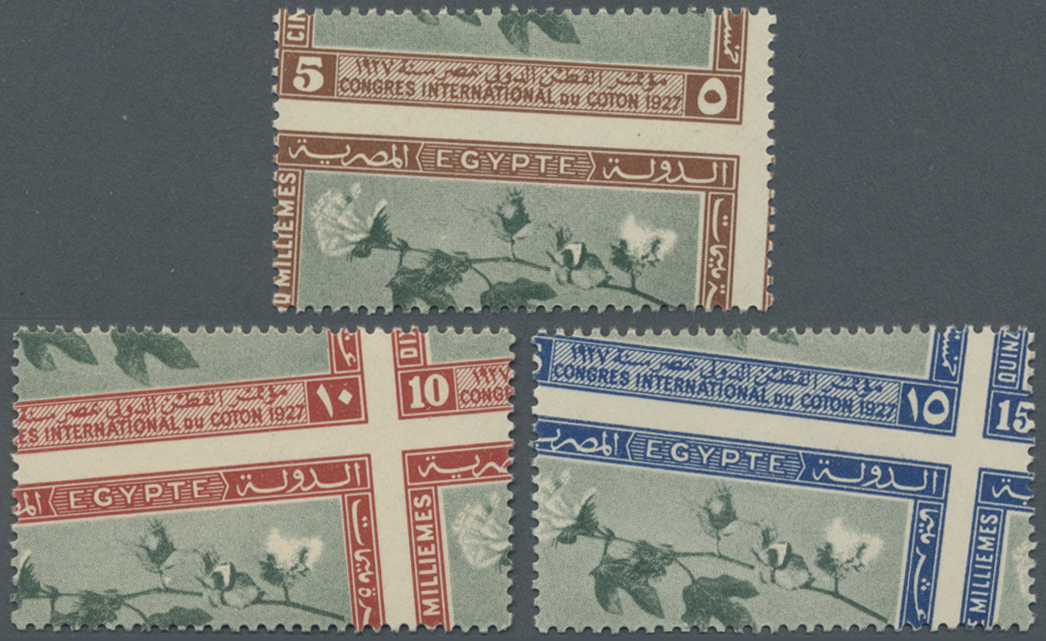** Ägypten: 1927 'Cotton Congress' Set Of Three ROYAL MISPERFORATED, Mint Never Hinged, Fine. - 1915-1921 Protectorat Britannique