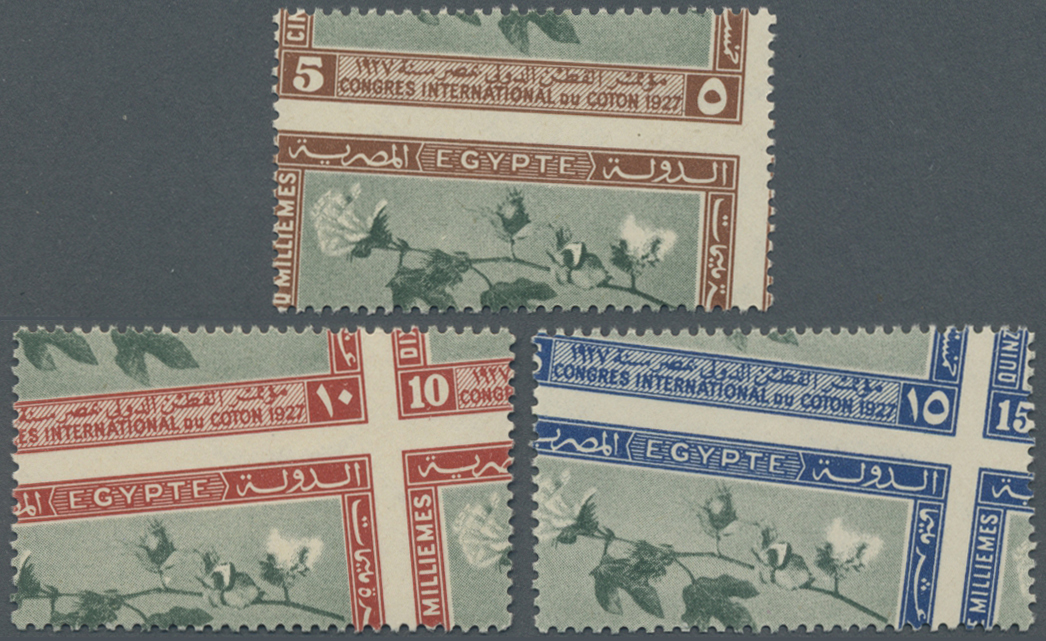 ** Ägypten: 1927 'Cotton Congress' Set Of Three ROYAL MISPERFORATED, Mint Never Hinged, Fine. - 1915-1921 Britischer Schutzstaat