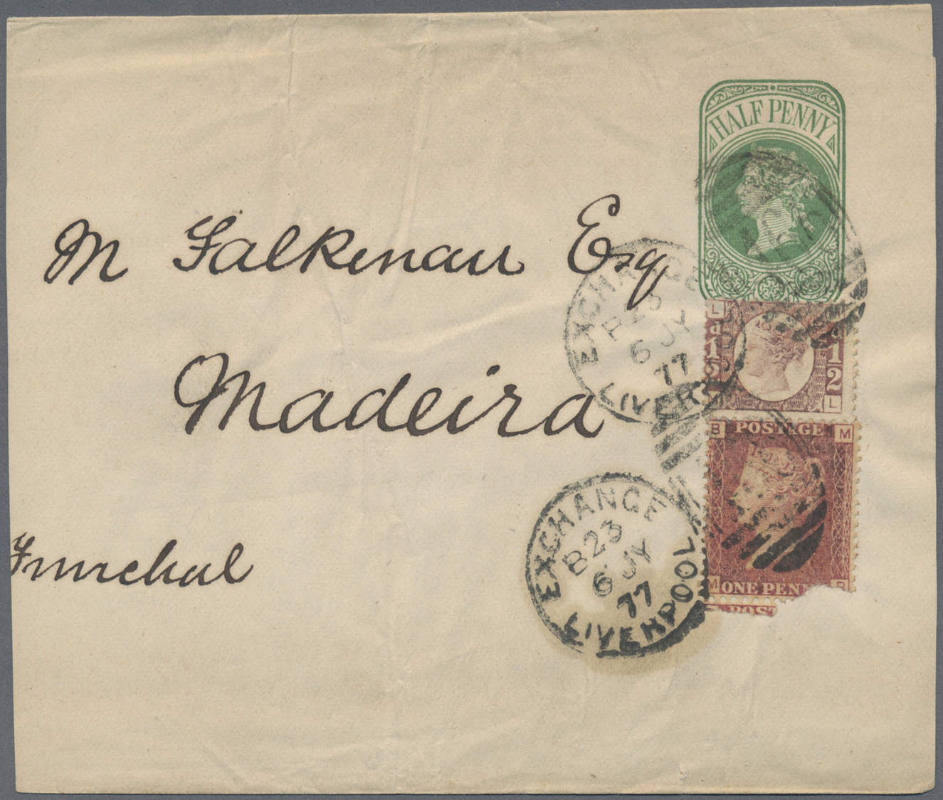 GA Großbritannien - Ganzsachen: 1877. Postal Stationery News-band Wrapper ½d Green Upgraded With SG 44, 1d Rose/r - 1840 Enveloppes Mulready