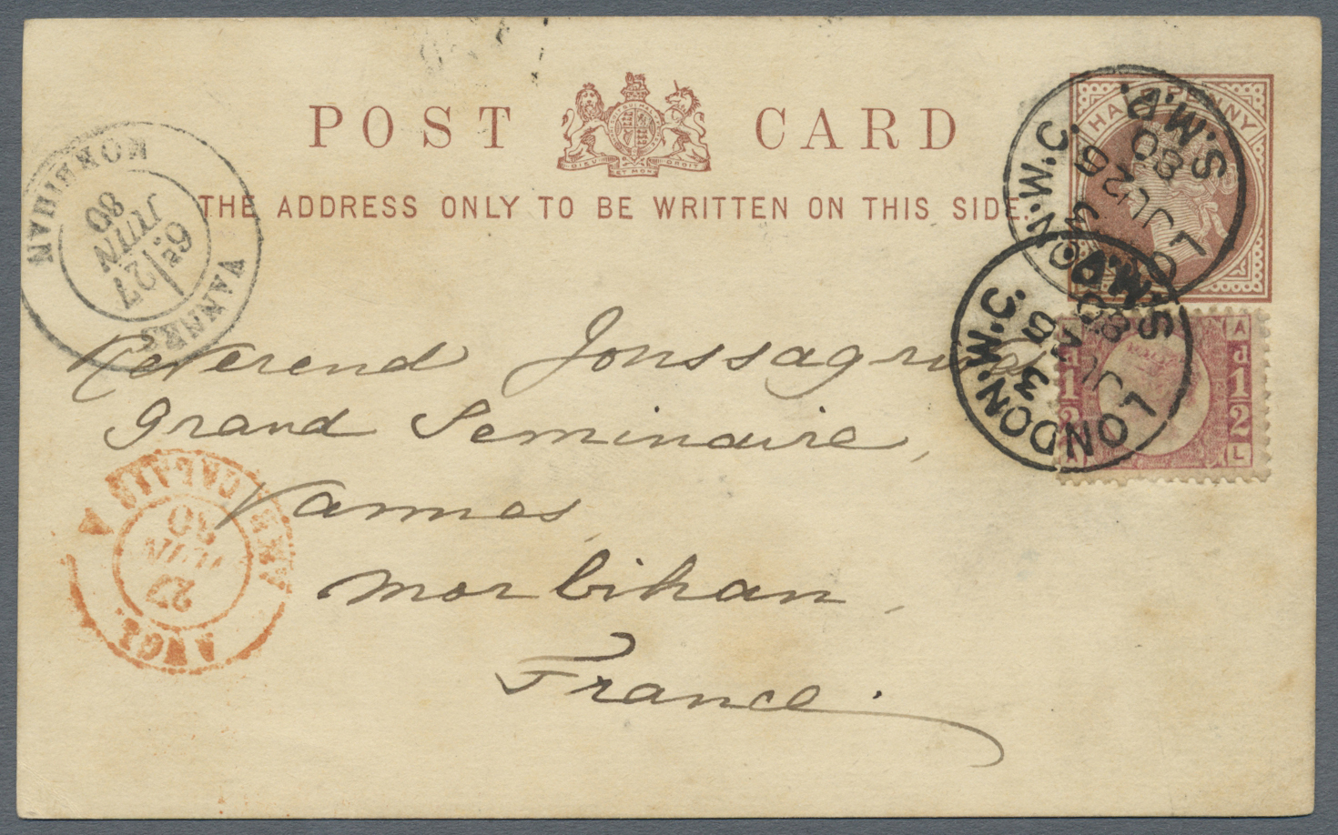 GA Großbritannien - Ganzsachen: 1880. Postal Stationery Card Halfpenny Brown Upgraded With SG 48, ½ D Rose (plate - 1840 Enveloppes Mulready