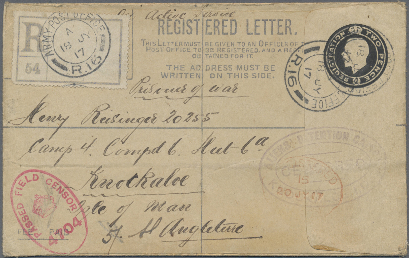 GA Großbritannien - Ganzsachen: 1917. Registered Postal Stationery Envelope ‘two Pence’ Black Endorsed ‘On Active - 1840 Mulready Envelopes & Lettersheets