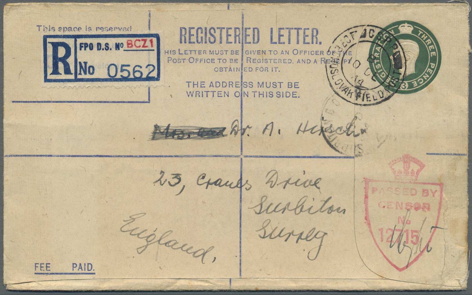 Br Großbritannien - Ganzsachen: 1944. Registered 3d Green Postal Stationery Envelope Addressed To Surrey Cancelle - 1840 Buste Mulready