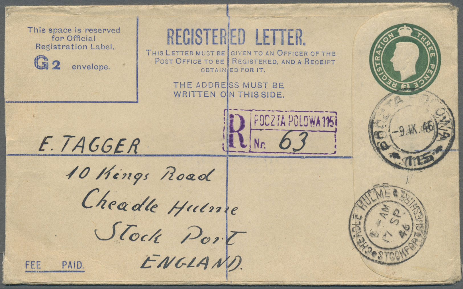 GA Großbritannien - Ganzsachen: 1946. Registered Postal Stationery Envelope 3d Green Addressed To England Cancell - 1840 Enveloppes Mulready