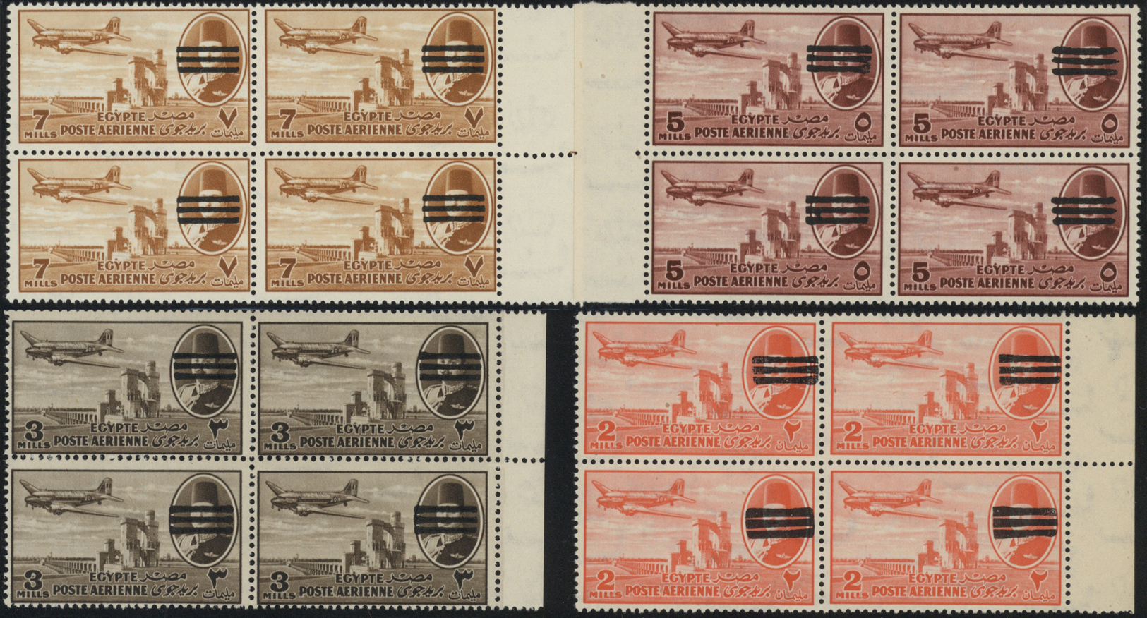 ** Ägypten: 1953 Three Bars Overprint On 1947 AIR Complete Set In Marginal Blocks Of Four, Mint Never Hinged, Fresh And  - 1915-1921 Britischer Schutzstaat