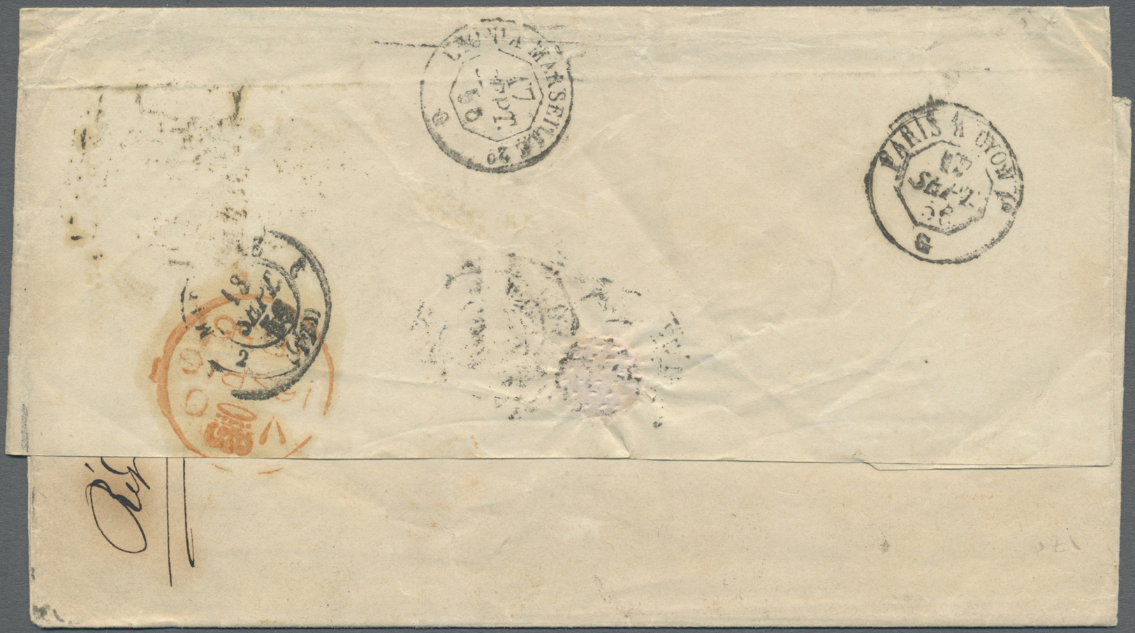 Br Großbritannien - Stempel: 1856. Envelope (folds) Addressed To France Bearing SG 35, 2d Blue (pair) Tied By Liv - Postmark Collection