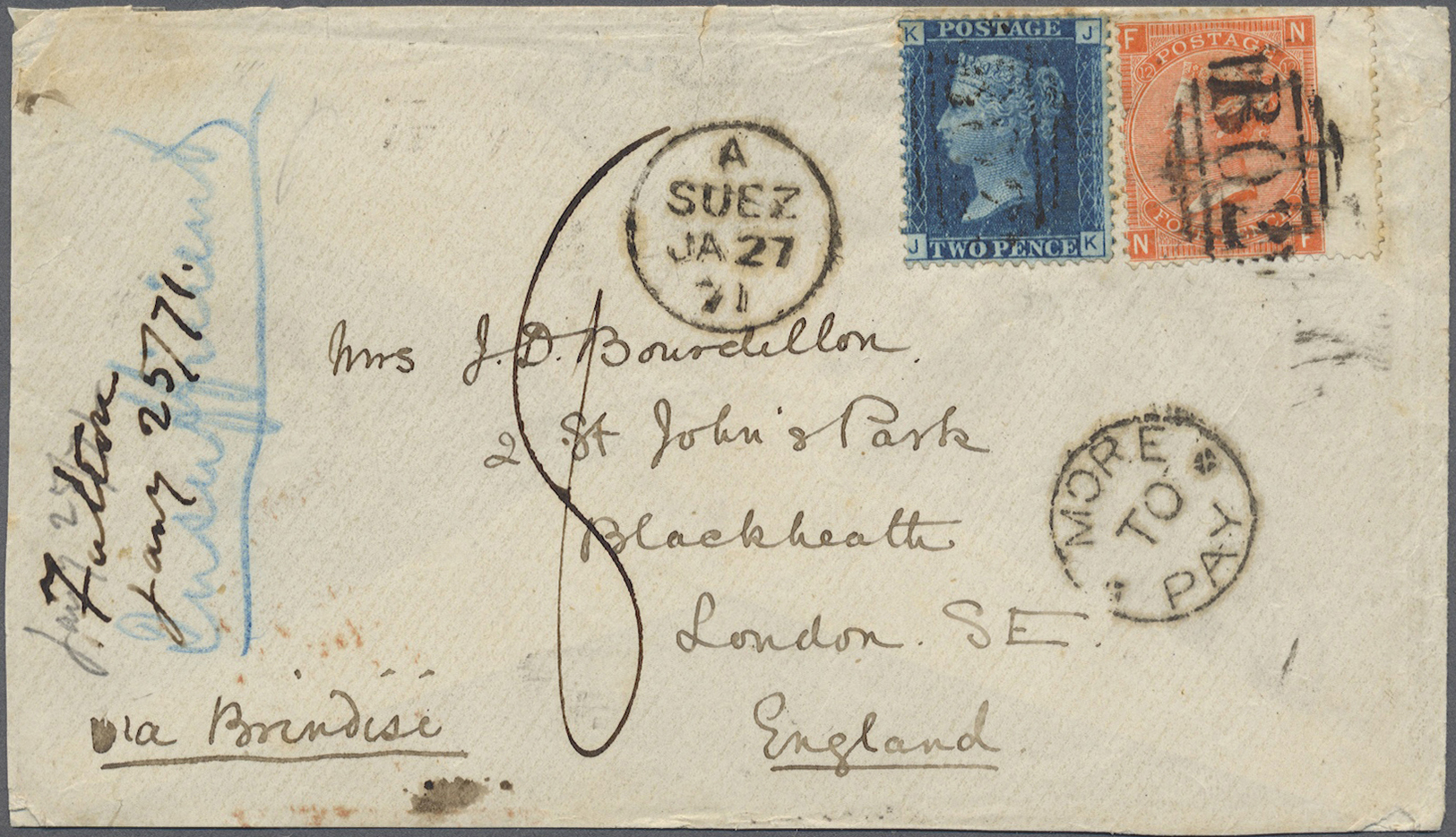 Br Großbritannien - Used Abroad: 1871. Envelope Addressed To England Bearing Great Britain SG 45, 2d Blue And SG - Autres & Non Classés